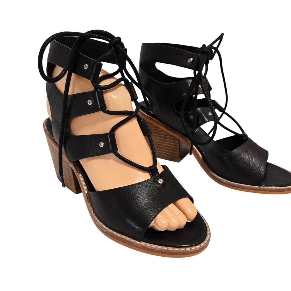Sol‎ Sana Rudey sandals womens 37/6.5 Black Leather Lace up 2.5" block heel Boho